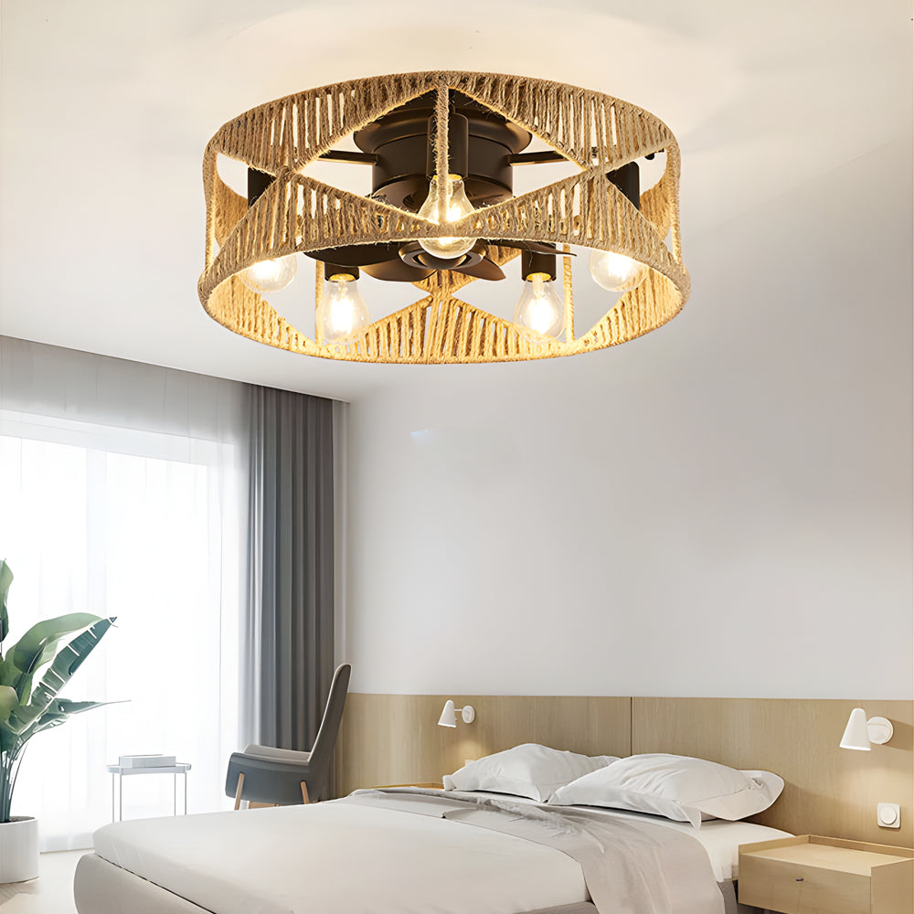 20-inch Rope-Woven Caged Ceiling Fan with Light and Remote, 6-Speed