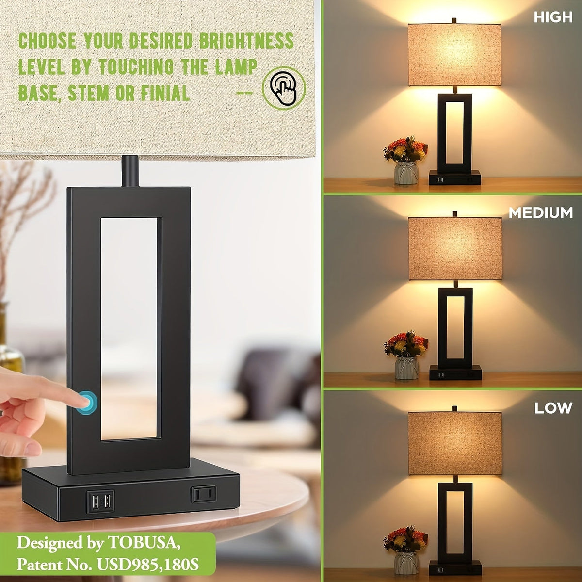 Smart Touch Table Lamps Duo with USB Ports – Adjustable Brightness