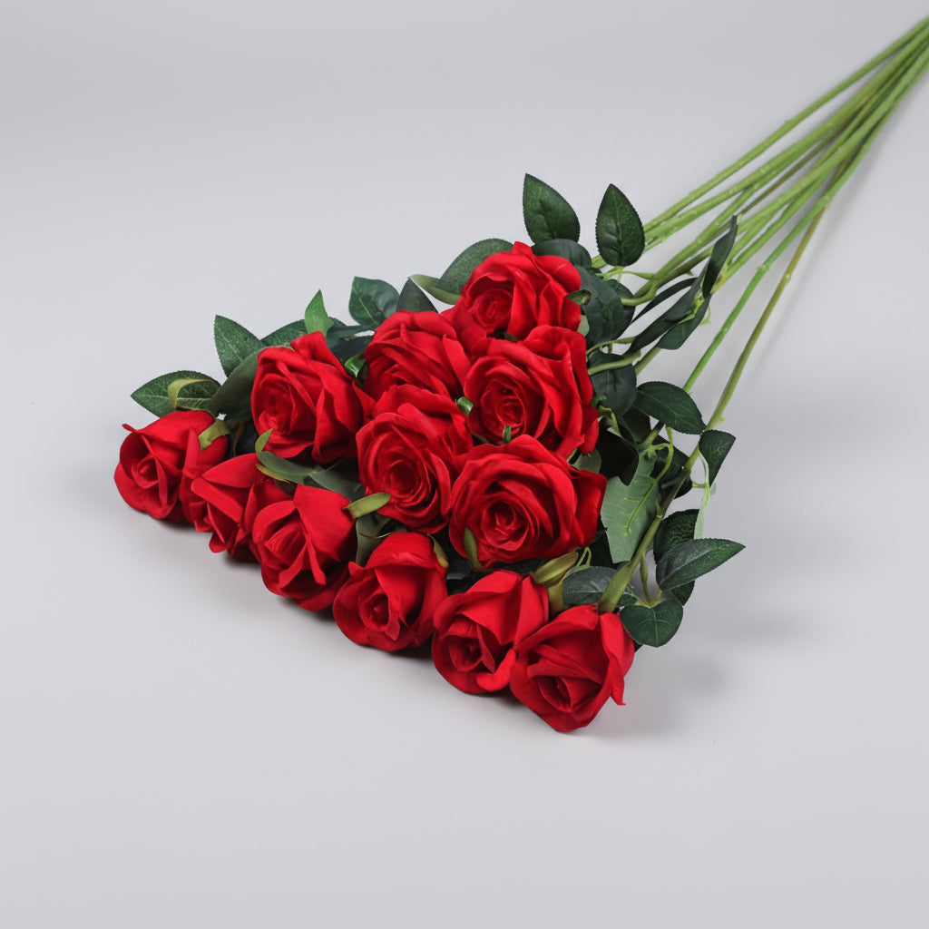 Vibrant Red Faux Rose Bouquet for Timeless Home Elegance