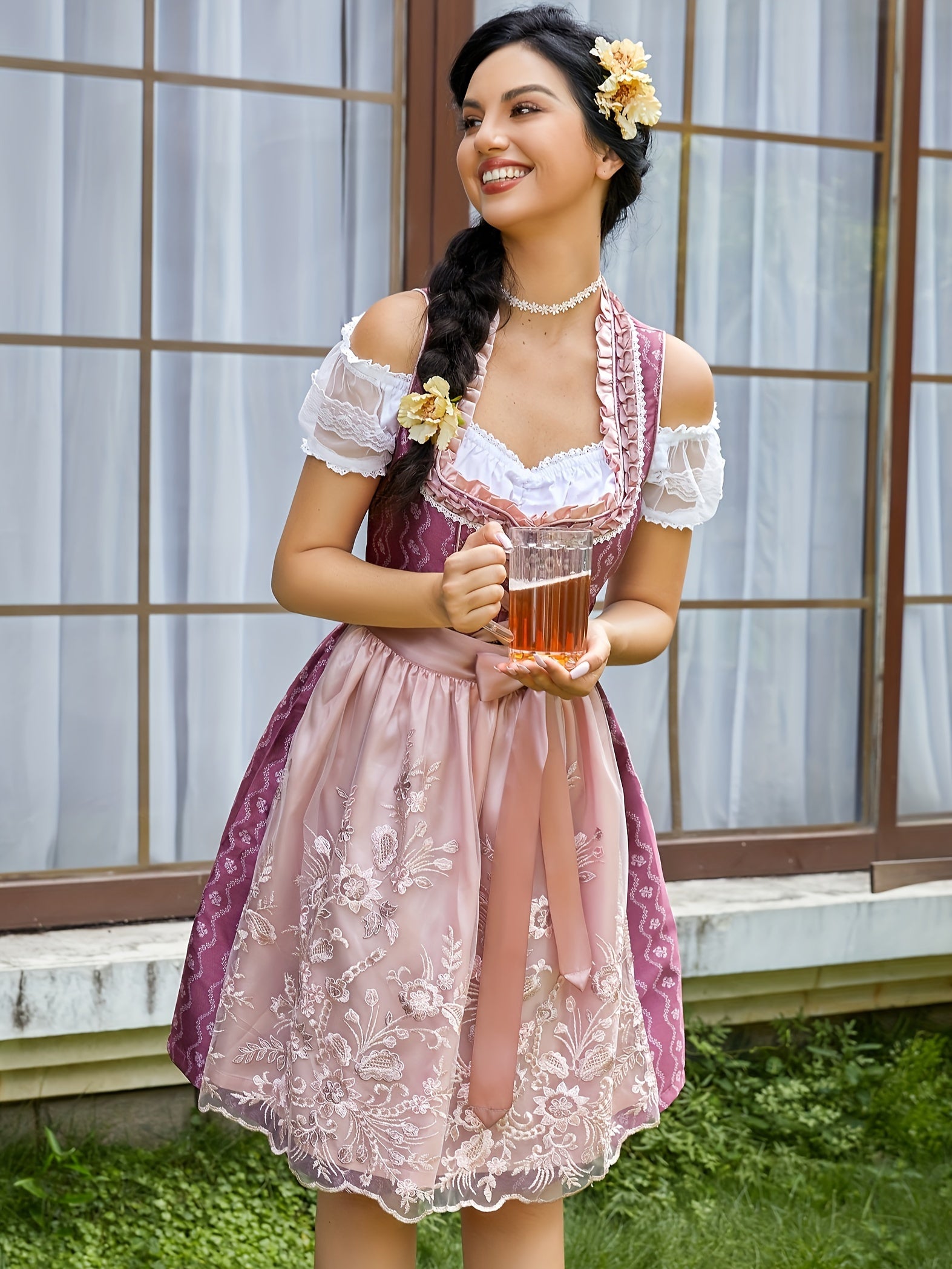Women's Rose Red Oktoberfest Dirndl Dress Set with Embroidered Apron