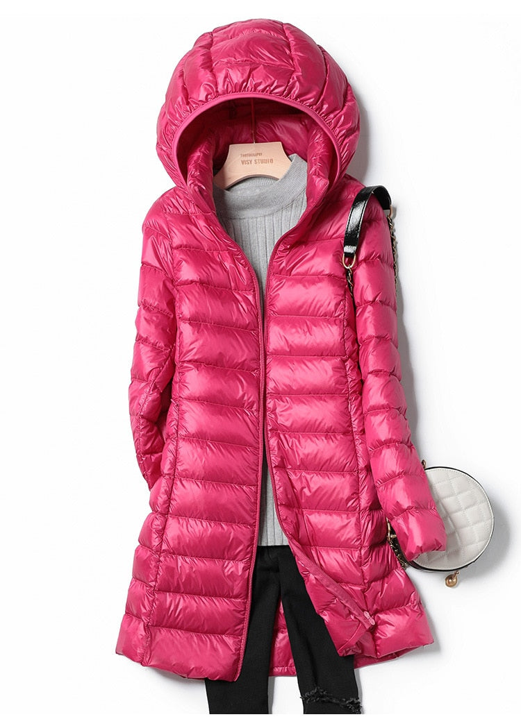 Women's Quilted Hooded Longline Puffer Coat | Feather-Light Insulation | Weatherproof Design | Comfortable Fit