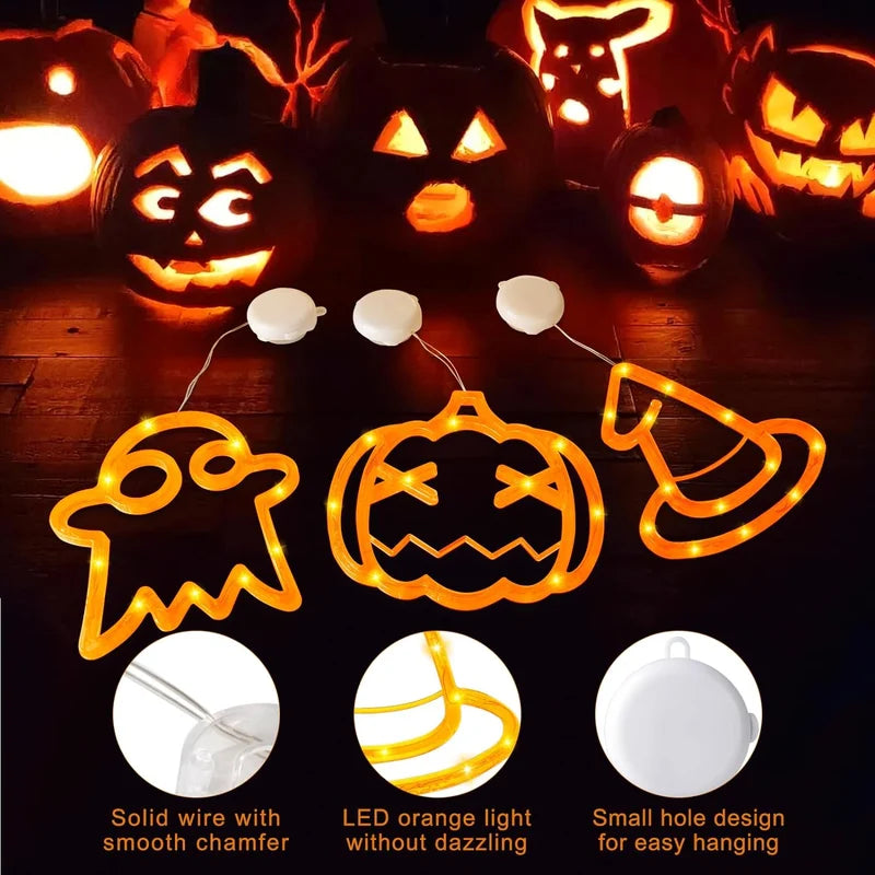 Halloween Window LED Lights with Spooky Pumpkin and Ghost Designs