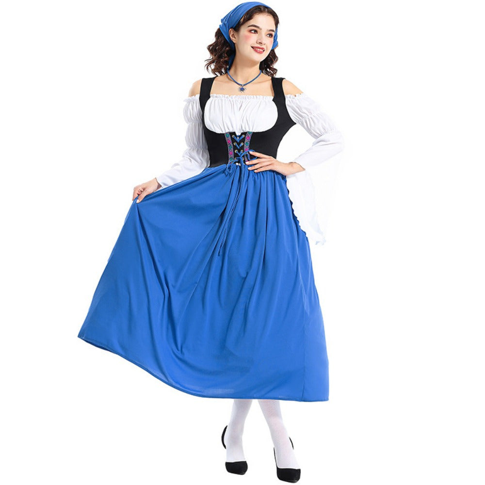 Women's Oktoberfest Dirndl Dress Set with Corset Bodice and Puff Sleeve Blouse