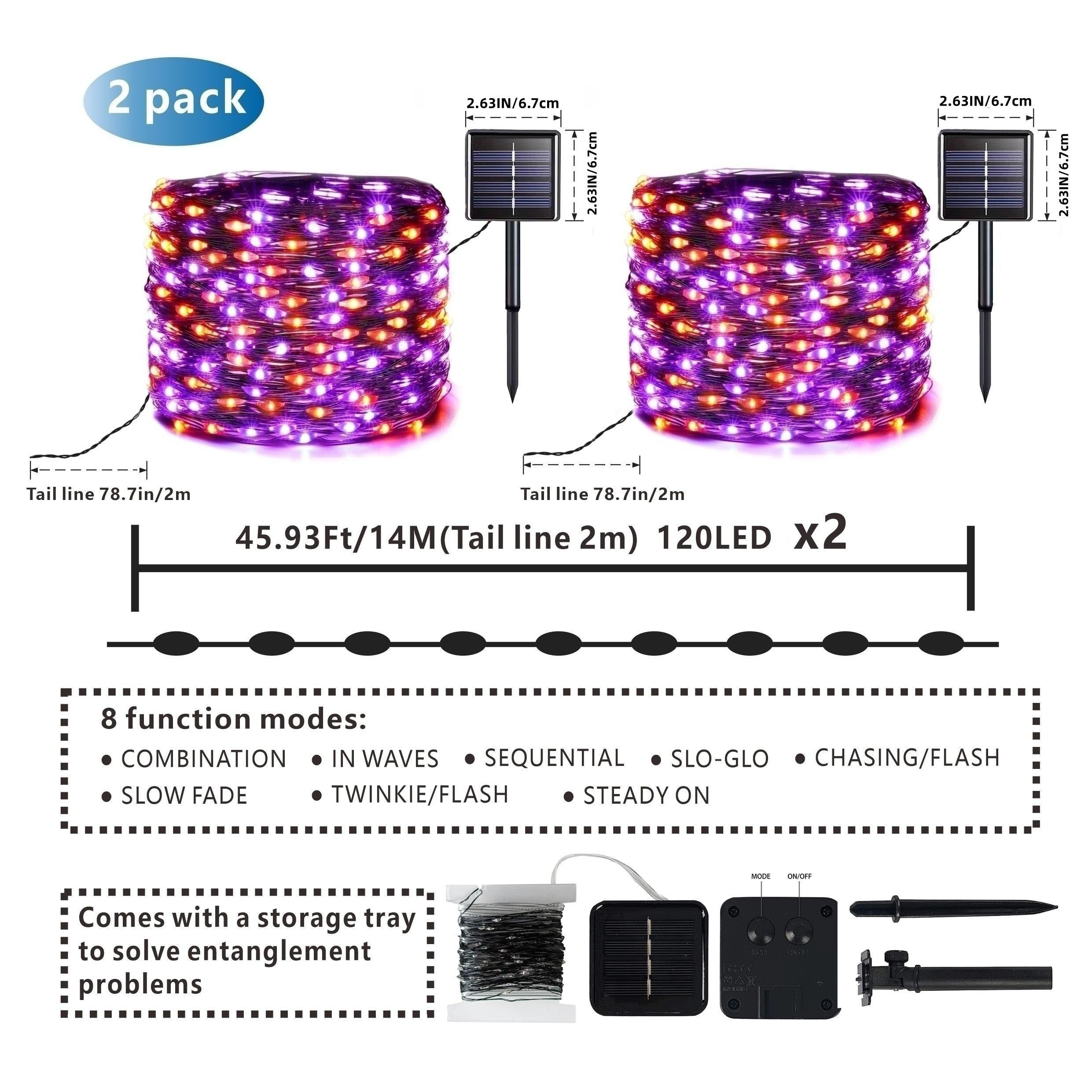 Solar-Powered Halloween String Lights Orange and Purple 8 Flash Modes