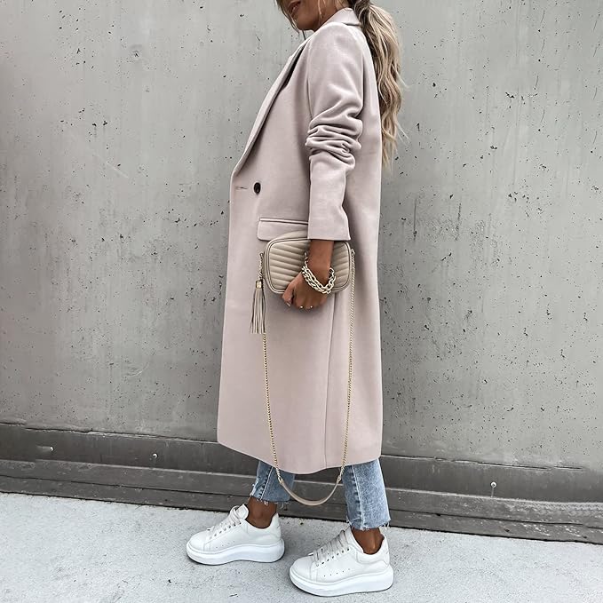 Women’s Long Double-Breasted Overcoat | Warm Polyester Fabric | Classic Lapels & Flap Pockets | Below Knee Length