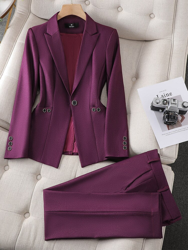 Women’s Blazer and Trousers Set | Tailored Slim Fit with Chapel Neckline | Acetate and Elastane | High-Waist Pockets