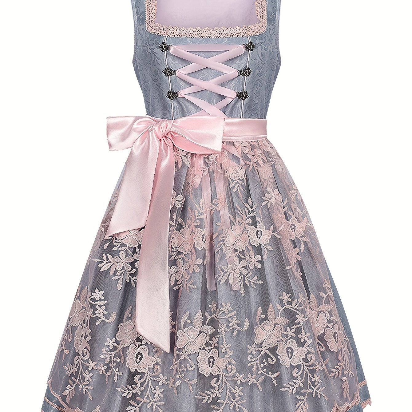 Women's Oktoberfest Midi Dress with Apron and Floral Lace Embroidery