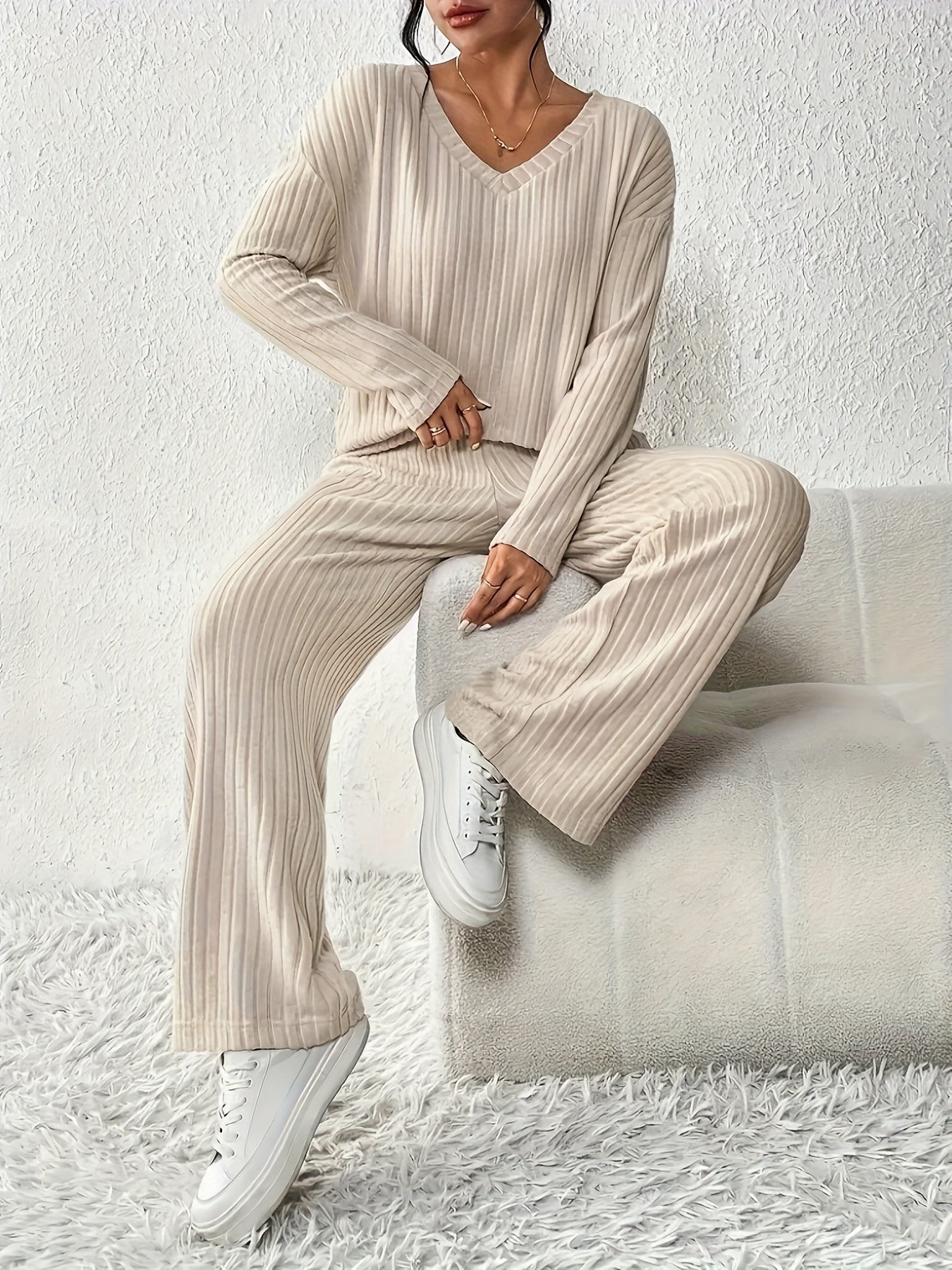 Ribbed Knit Pant Set | Stretchy Fit | All-Day Comfort | Polyester