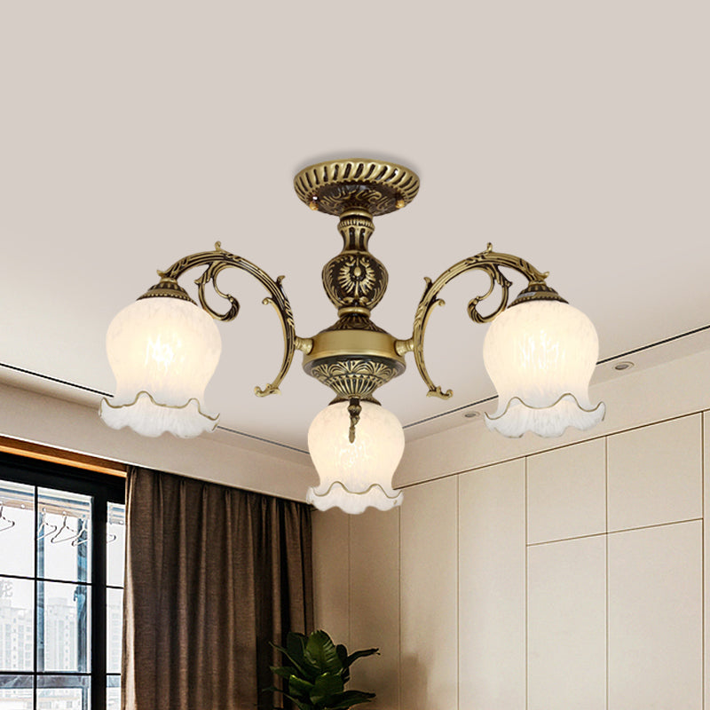 Taavita Frosted White Glass Bronze Semi Flush Lamp Flower 3/5/6 Bulb Antiqued Ceiling Lighting Flush Mount