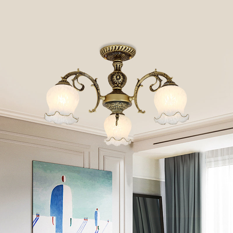 Taavita Frosted White Glass Bronze Semi Flush Lamp Flower 3/5/6 Bulb Antiqued Ceiling Lighting Flush Mount
