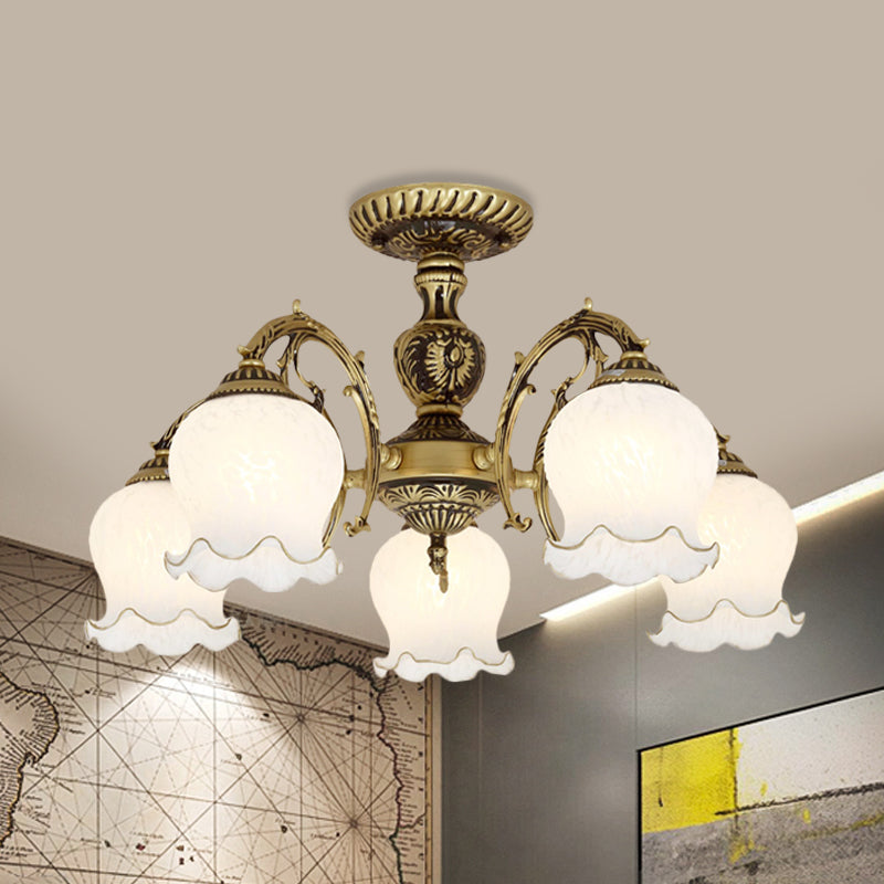 Frosted White Glass Bronze Semi Flush Lamp Flower 3/5/6-Bulb Antiqued Flush Ceiling Lighting 6 Bronze Clearhalo 'Ceiling Lights' 'Close To Ceiling Lights' 'Close to ceiling' 'Glass shade' 'Glass' 'Semi-flushmount' Lighting' 808735