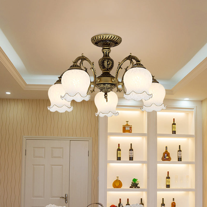 Taavita Frosted White Glass Bronze Semi Flush Lamp Flower 3/5/6 Bulb Antiqued Ceiling Lighting Flush Mount