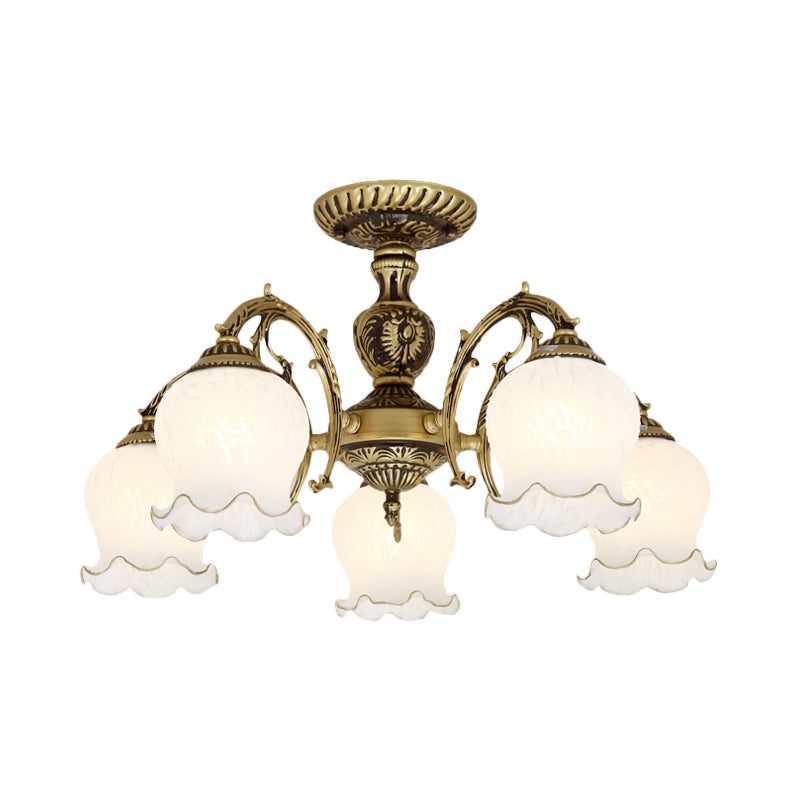 Taavita Frosted White Glass Bronze Semi Flush Lamp Flower 3/5/6 Bulb Antiqued Ceiling Lighting Flush Mount