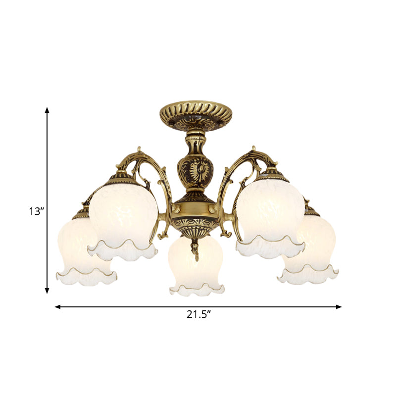 Taavita Frosted White Glass Bronze Semi Flush Lamp Flower 3/5/6 Bulb Antiqued Ceiling Lighting Flush Mount