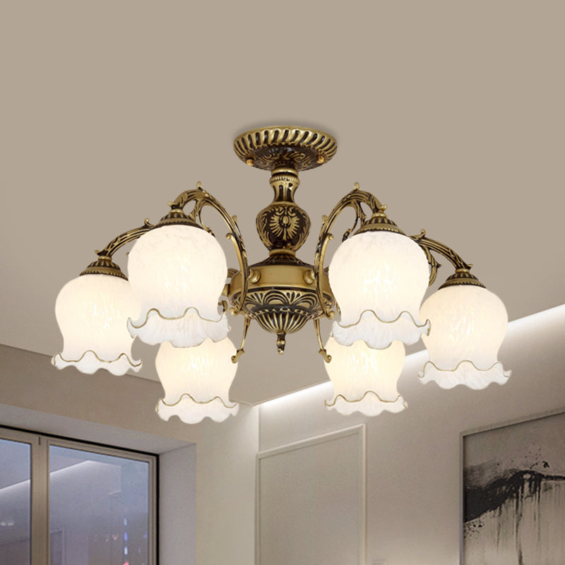 Frosted White Glass Bronze Semi Flush Lamp Flower 3/5/6-Bulb Antiqued Flush Ceiling Lighting Clearhalo 'Ceiling Lights' 'Close To Ceiling Lights' 'Close to ceiling' 'Glass shade' 'Glass' 'Semi-flushmount' Lighting' 808731