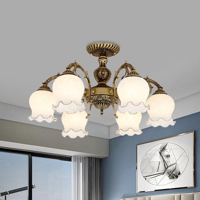 Taavita Frosted White Glass Bronze Semi Flush Lamp Flower 3/5/6 Bulb Antiqued Ceiling Lighting Flush Mount