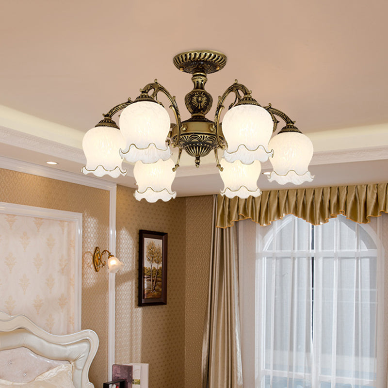 Taavita Frosted White Glass Bronze Semi Flush Lamp Flower 3/5/6 Bulb Antiqued Ceiling Lighting Flush Mount