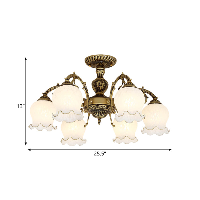Taavita Frosted White Glass Bronze Semi Flush Lamp Flower 3/5/6 Bulb Antiqued Ceiling Lighting Flush Mount