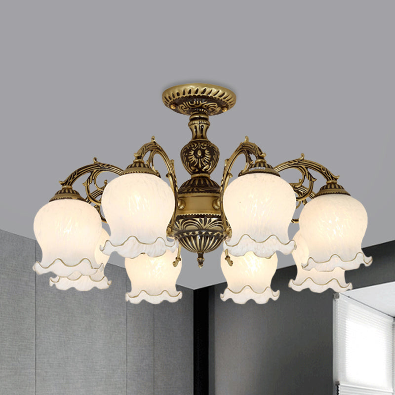 Frosted White Glass Bronze Semi Flush Lamp Flower 3/5/6-Bulb Antiqued Flush Ceiling Lighting Clearhalo 'Ceiling Lights' 'Close To Ceiling Lights' 'Close to ceiling' 'Glass shade' 'Glass' 'Semi-flushmount' Lighting' 808728