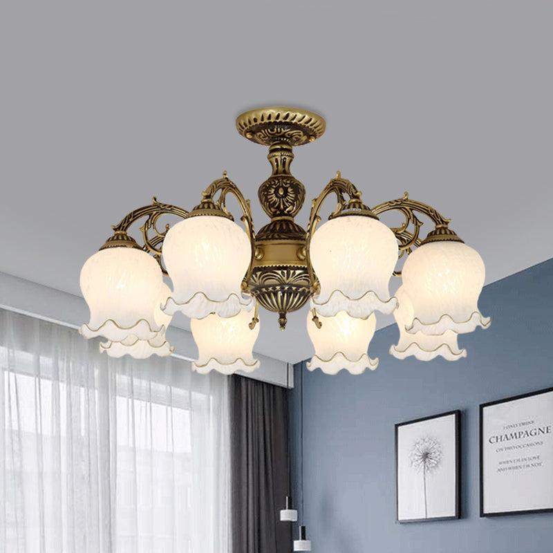 Taavita Frosted White Glass Bronze Semi Flush Lamp Flower 3/5/6 Bulb Antiqued Ceiling Lighting Flush Mount