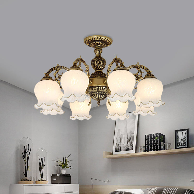 Taavita Frosted White Glass Bronze Semi Flush Lamp Flower 3/5/6 Bulb Antiqued Ceiling Lighting Flush Mount