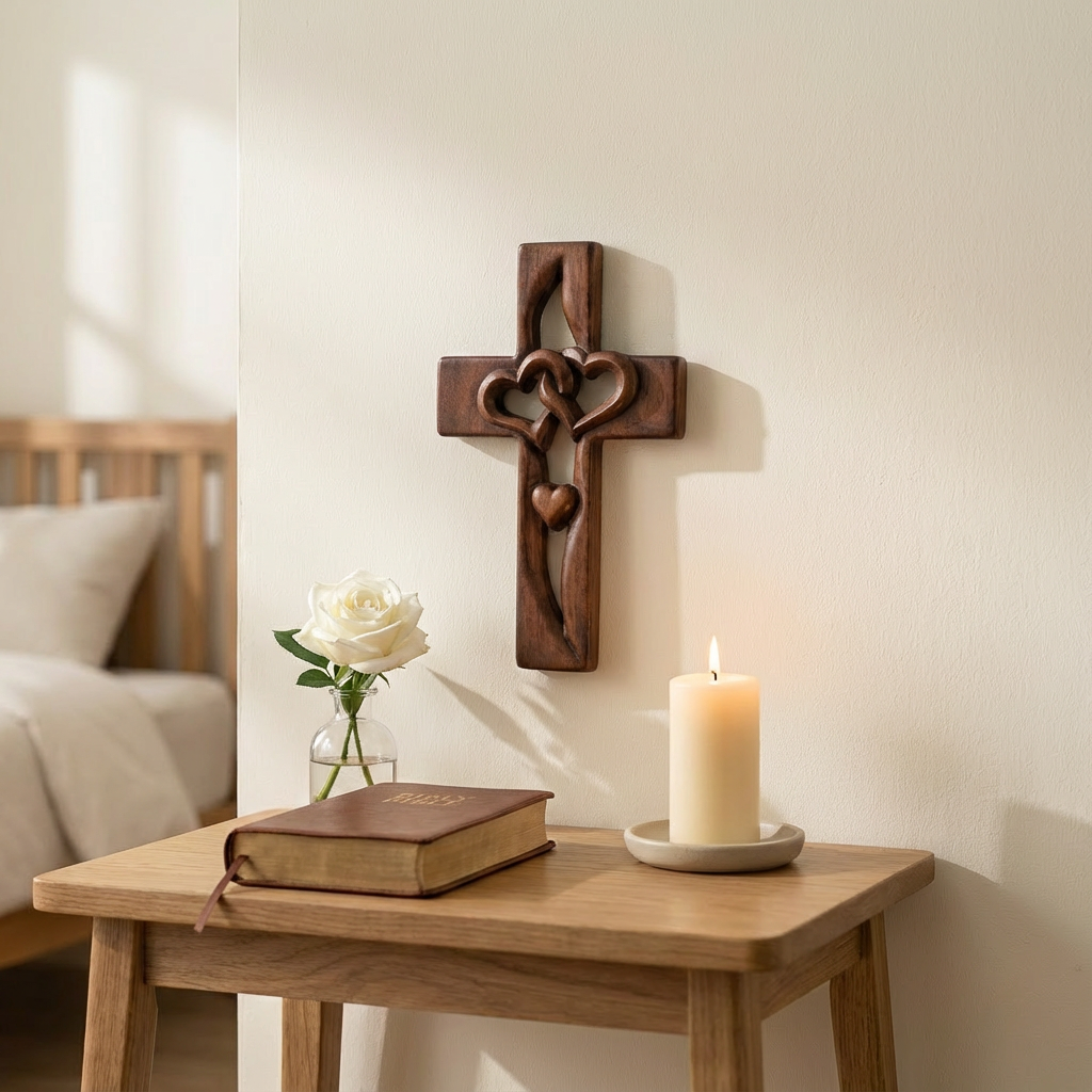 Wall Art Featuring Interwoven Hearts in Wood Cross Design