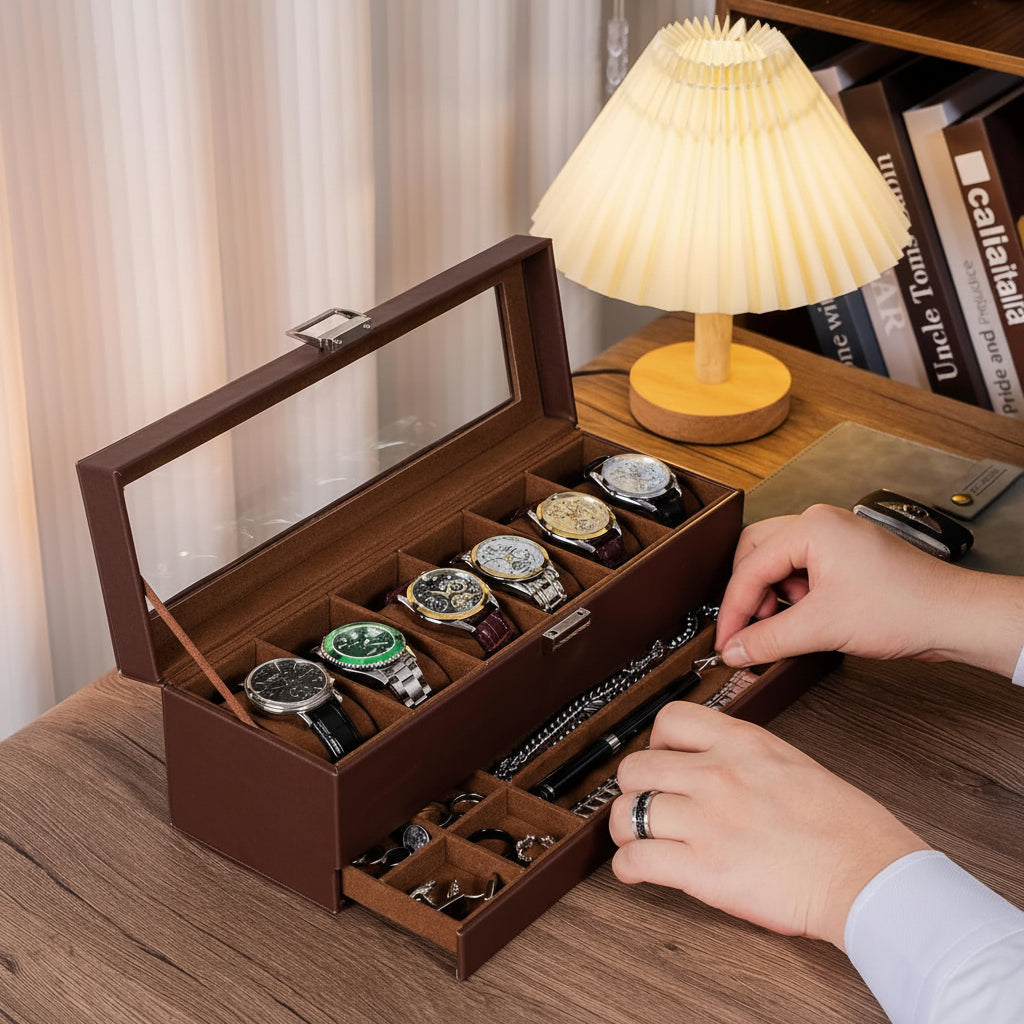 Elegant Dual-Layer Watch Storage Box with Drawer and Glass Top
