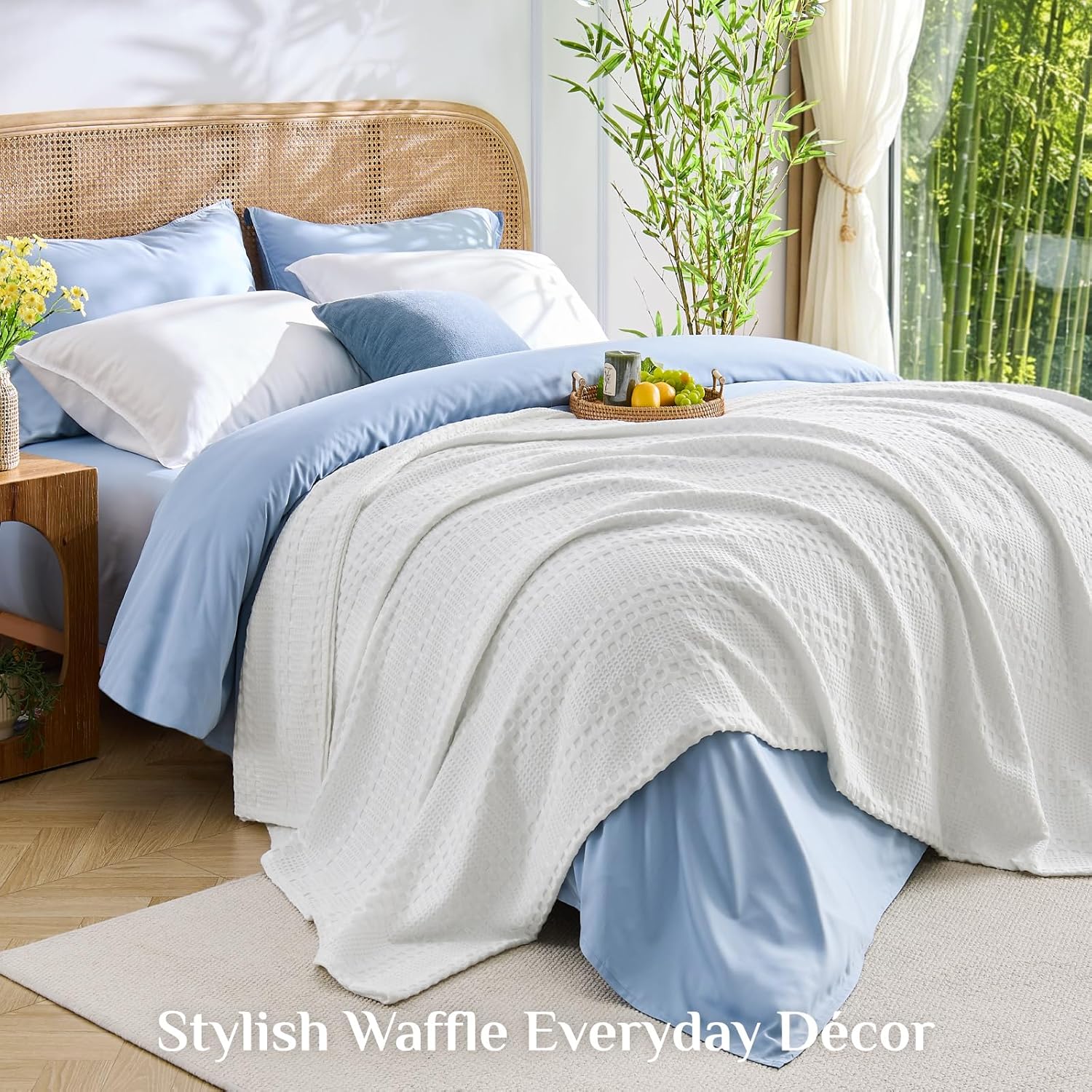 Lightweight Summer Blanket – Soft Breathable Cotton Waffle Design, White, 90"x90