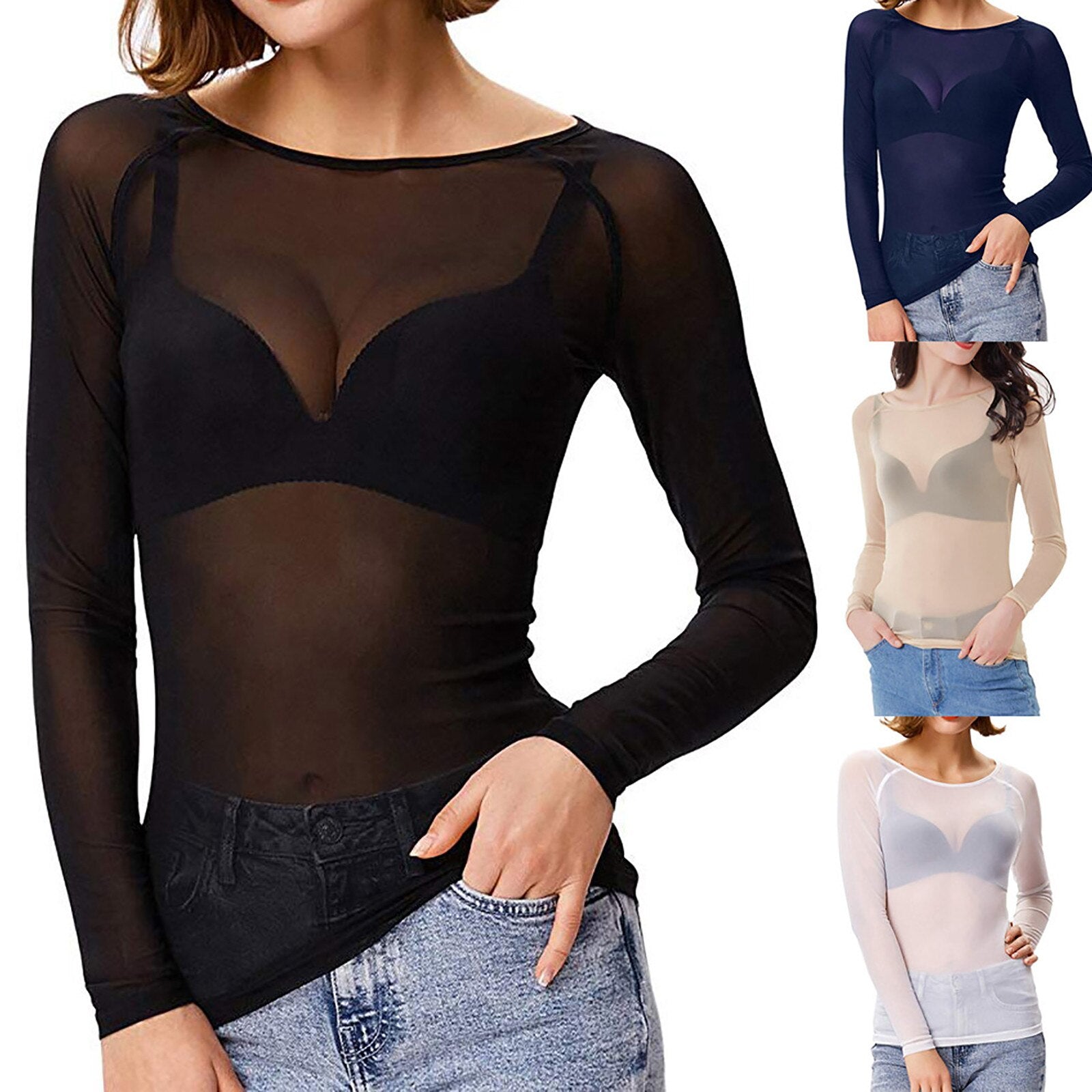 Women’s Long-Sleeve Mesh Top | Sheer & Fitted Design | Polyester Fabric | Versatile Layering