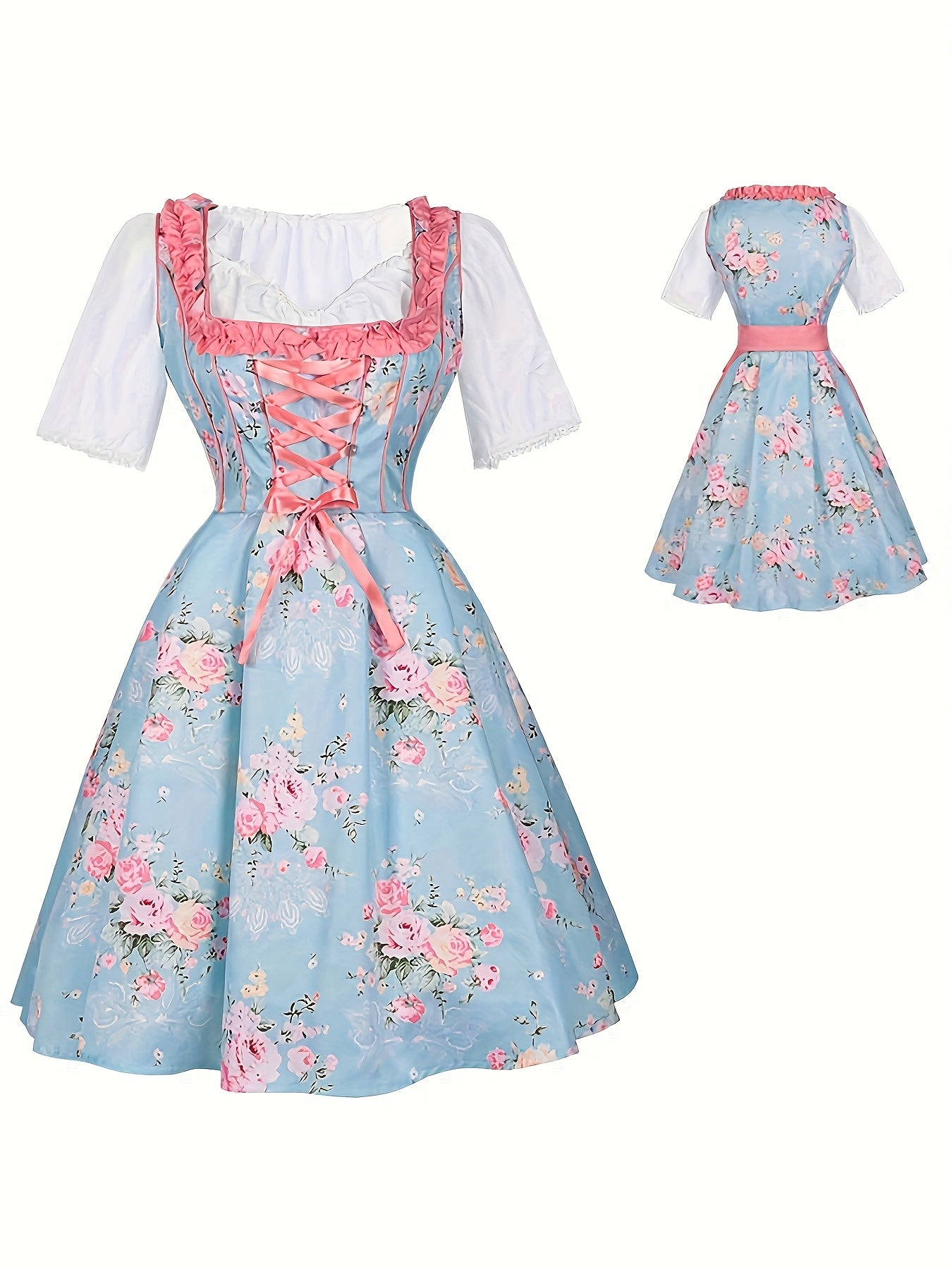 Women's Oktoberfest Dirndl Dress Floral Print with Satin Apron