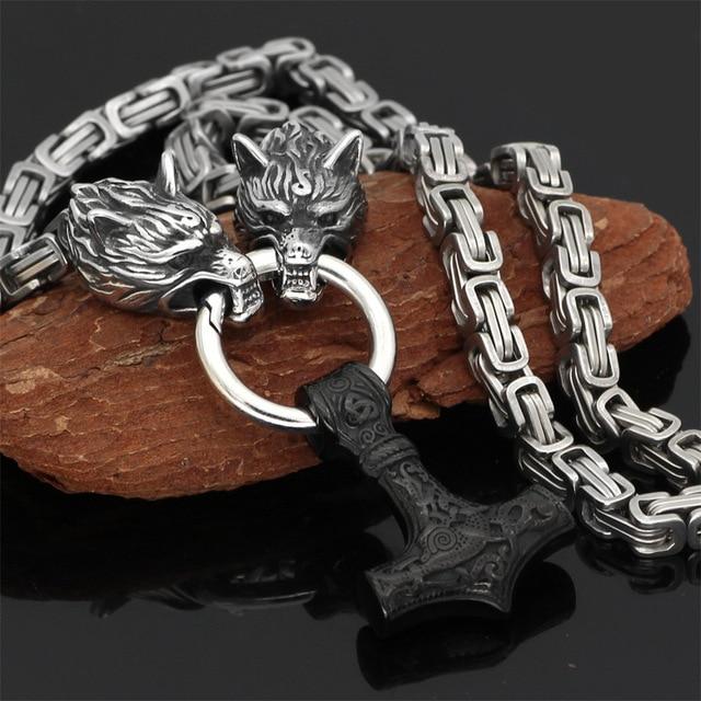 Unisex Necklace & Bracelet | Double Wolf Head & Thor’s Hammer Pendant | Stainless Steel | Adjustable Length 24 to 36 Inches