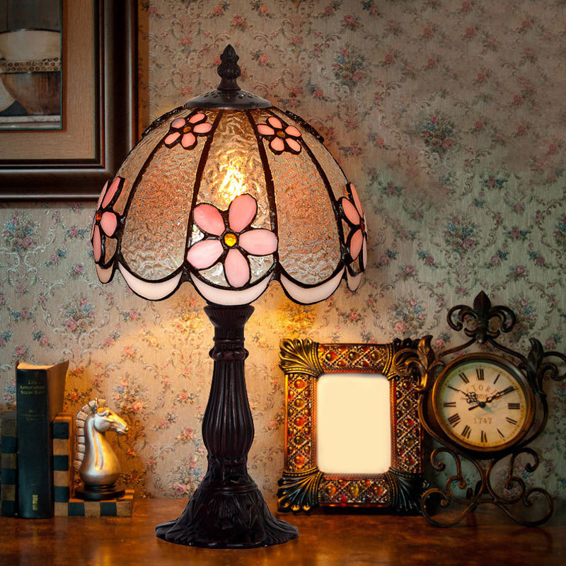 Taavita Scalloped-Trim Dome Table Lamp with Ice Clear Glass and Flower Pattern - Single White/Coffee Night Light