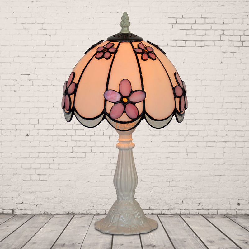 Scalloped-Trim Dome Table Lamp Tiffany Ice Clear Glass Single White/Coffee Night Light with Flower Pattern Clearhalo 'Lamps' 'Table Lamps' Lighting' 852263