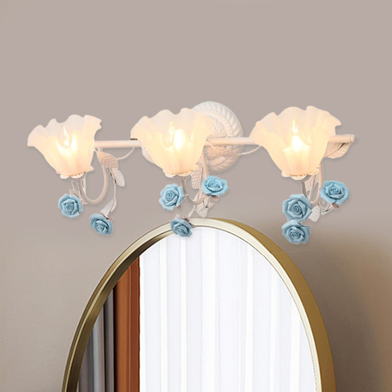 Ruffle Bathroom Wall Mount Light American Flower Frosted Glass 2/3-Head Pink/Blue Vanity Sconce Clearhalo 'Vanity Lights' 'Wall Lights' Lighting' 863066
