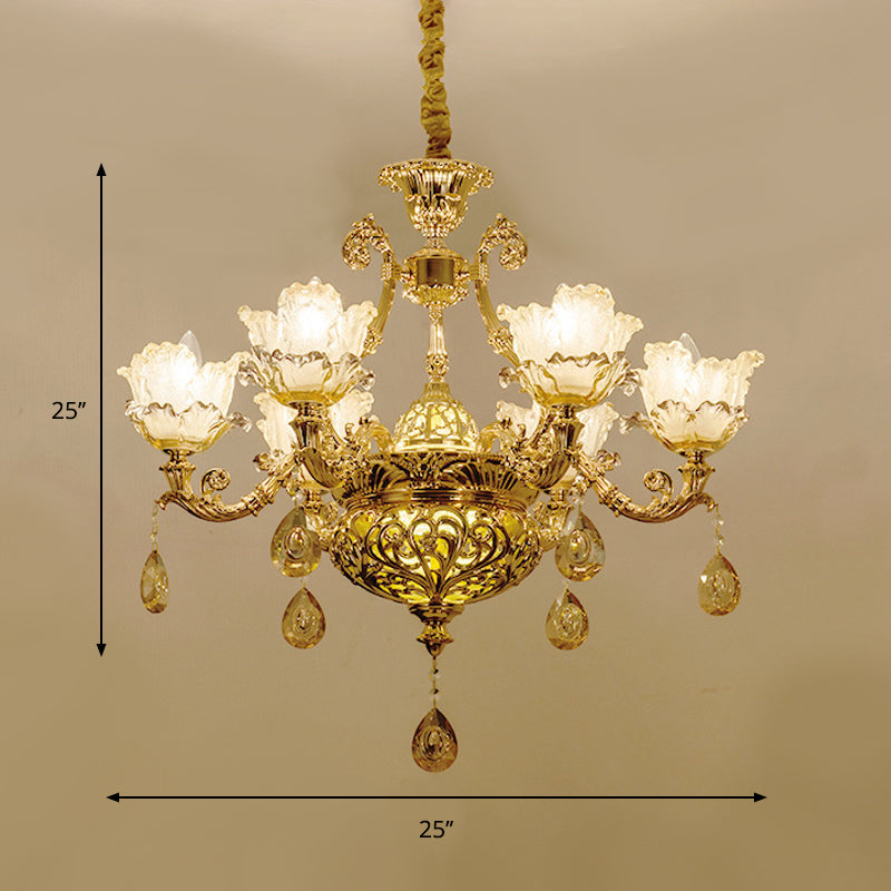 Taavita Amber Glass Flower Hanging Chandelier 6/8 Bulbs Ceiling Light in Gold with Crystal Draping