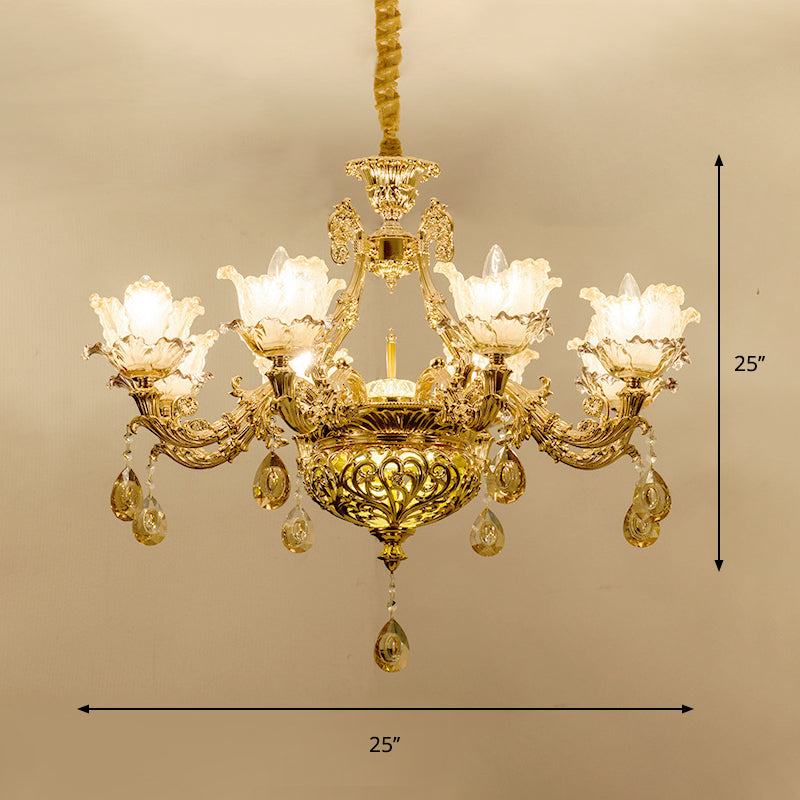 Taavita Amber Glass Flower Hanging Chandelier 6/8 Bulbs Ceiling Light in Gold with Crystal Draping