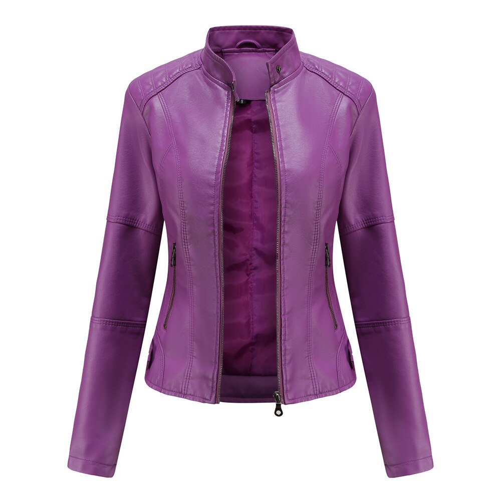 Women’s Leather Jacket | Mao Collar Design | PU Leather & Polyester Lining | Comfortable Fit