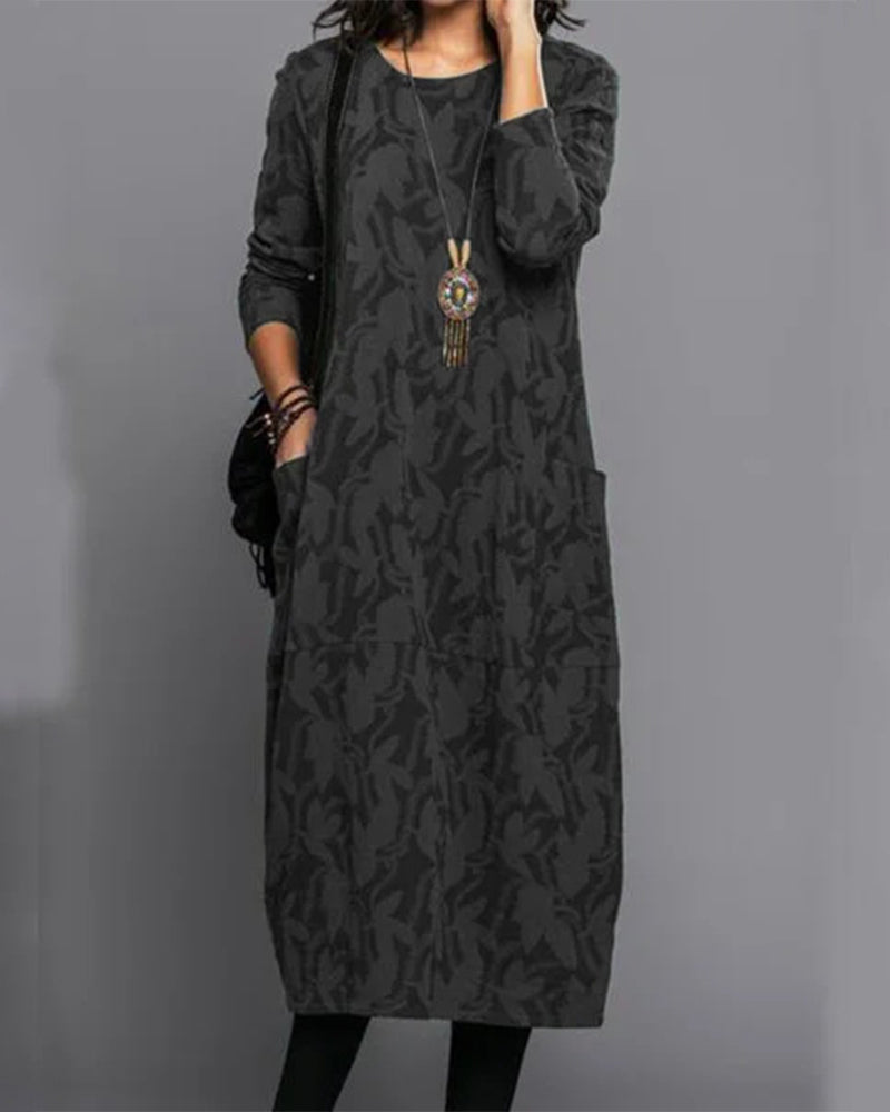 Women’s Printed Long-Sleeve Pocket Dress | Vintage-Inspired Elegance | 100% High-Quality Material | Comfortable Fit