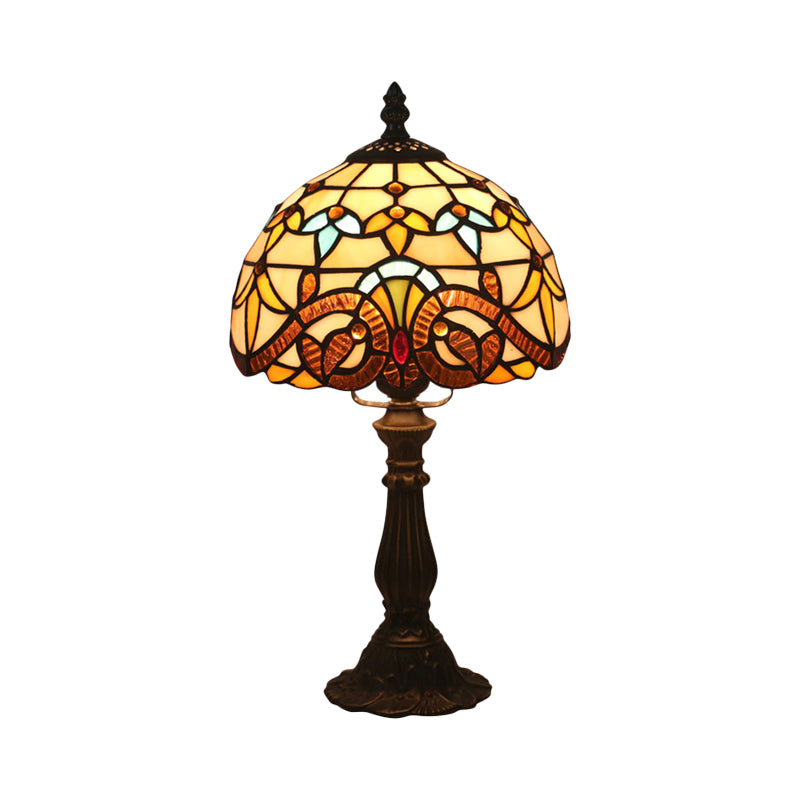 Tiffany Table Lamp with Bowl-Shaped Stained Art Glass in Yellow/Blue and Baluster - 15" Length, 8" Width, 15 Inch & Under Height