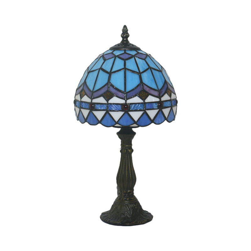 Tiffany Table Lamp with Bowl-Shaped Stained Art Glass in Yellow/Blue and Baluster - 15" Length, 8" Width, 15 Inch & Under Height