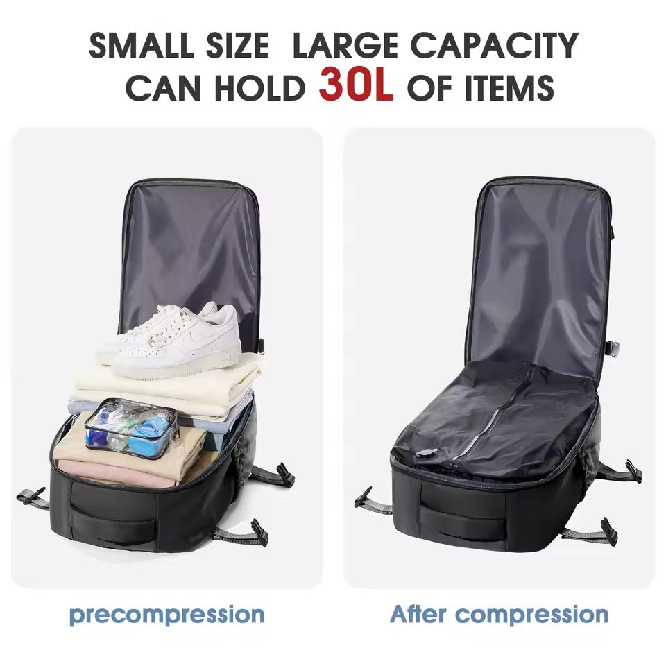 Water-Repellent Oxford Travel Backpack with Vacuum Compression for 17" Laptop and USB Pump