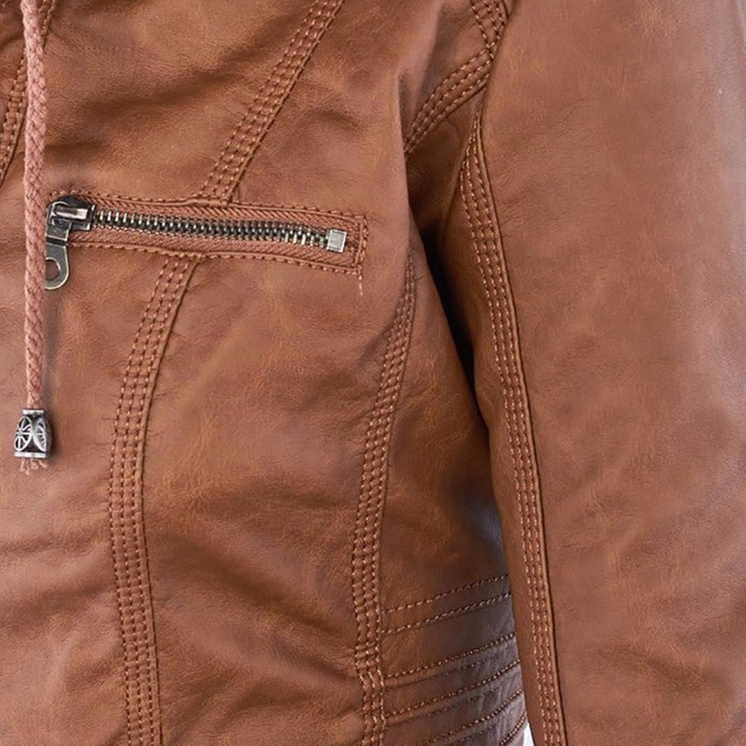 Women’s Weatherproof Leather Jacket | Detachable Hood & Zip Closure | Durable Polyester Fiber | Comfortable Fit