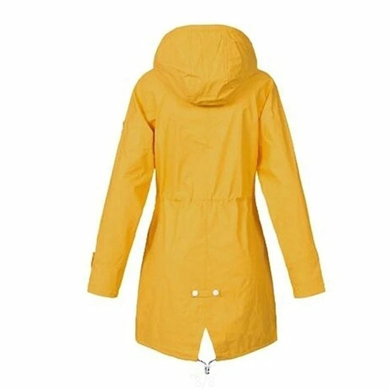 Women’s Waterproof Hooded Trench Coat | Adjustable Waist Drawstring | Zipper & Exterior Pockets | Windproof Protection