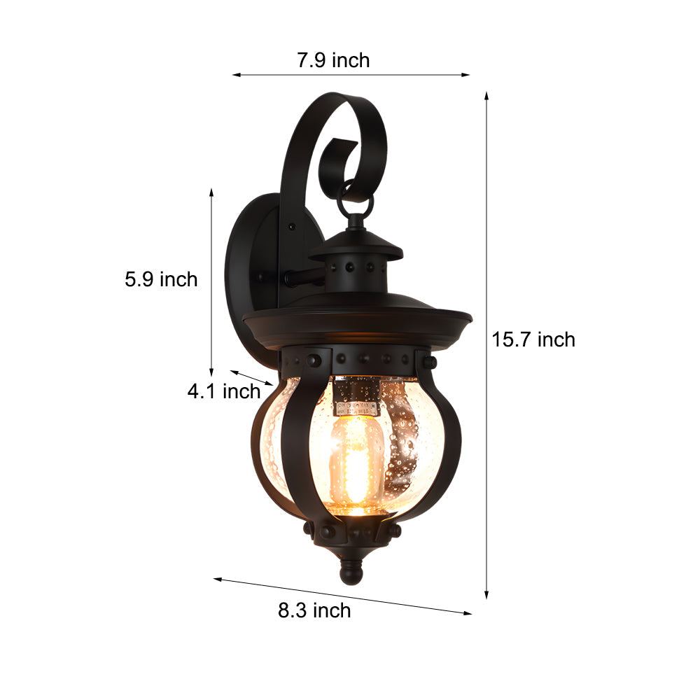 1-Light Black Outdoor Wall Lantern with Curved Arm and Seeded Glass Globe LED by Taavita