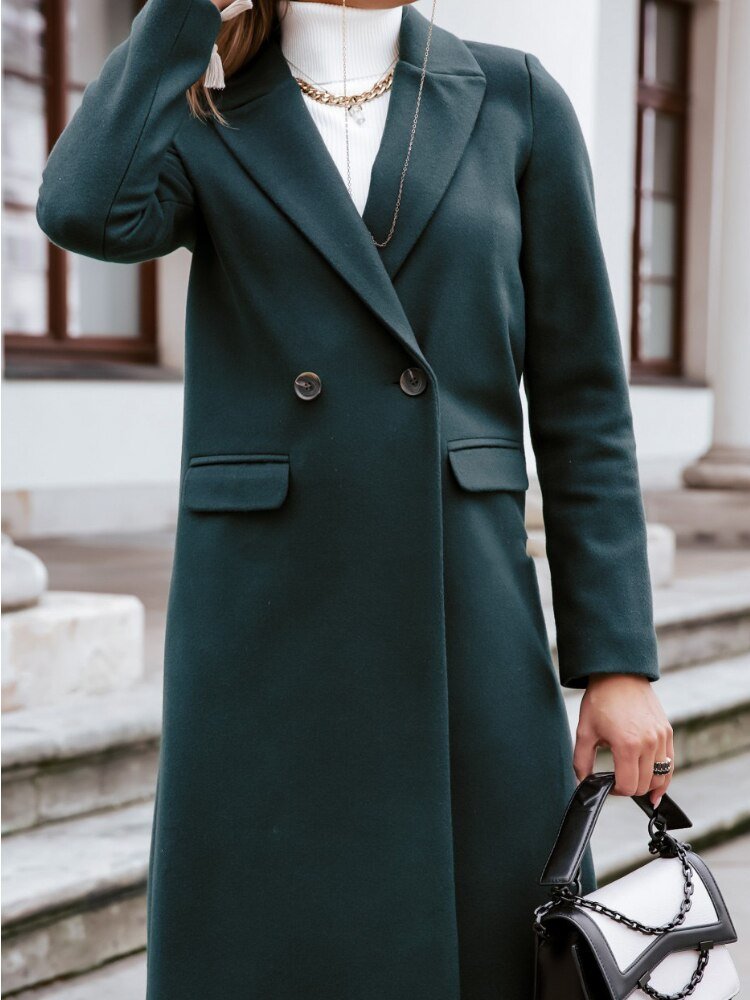 Women’s Long Double-Breasted Overcoat | Warm Polyester Fabric | Classic Lapels & Flap Pockets | Below Knee Length