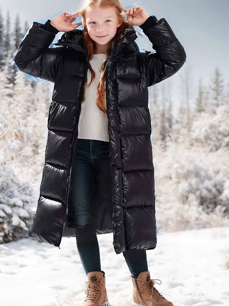 Girls' Hooded Long Winter Coat | Thick Insulated Warmth | Durable Black Fabric | Comfortable Fit