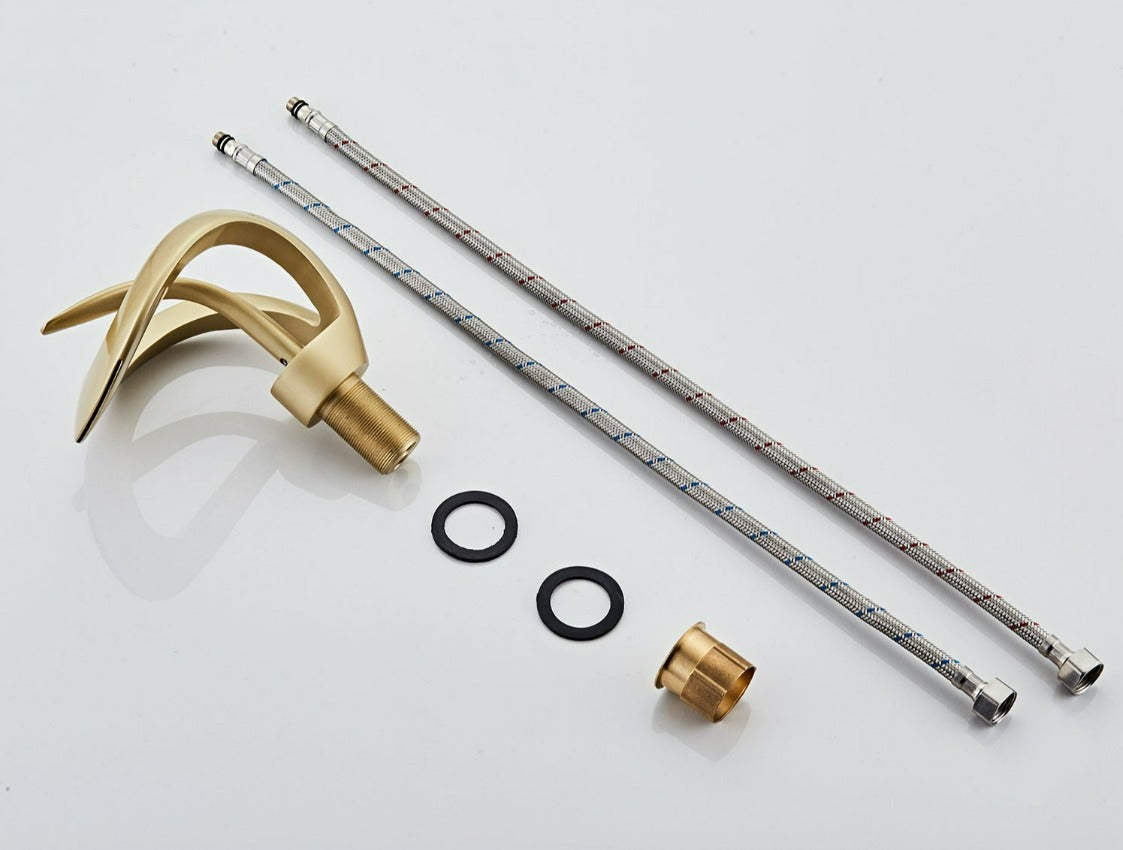 Bathroom Faucet | Waterfall Spout & Curved Loop Design | Solid Brass & Brushed Gold Finish | Easy Single-Handle Control