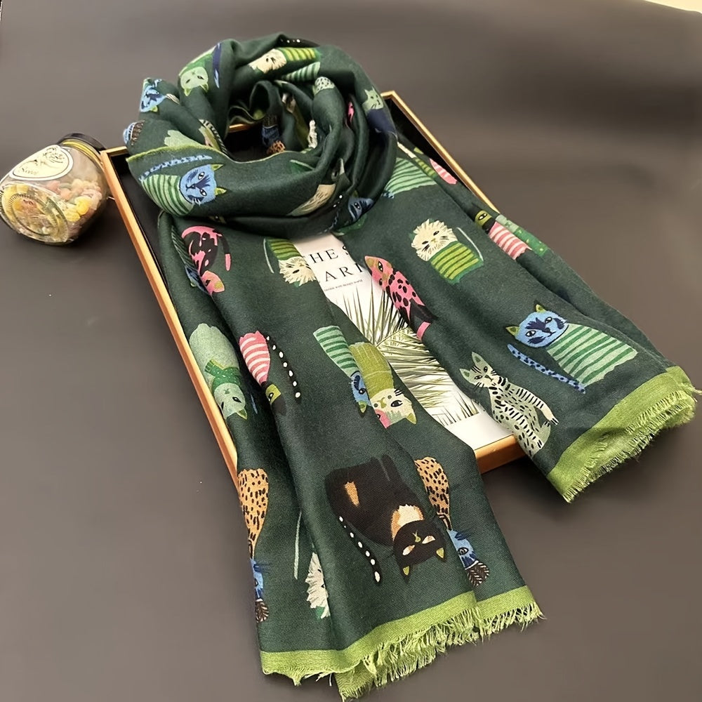 Cat Print Scarf | Lightweight | Breathable and Warm | Viscose