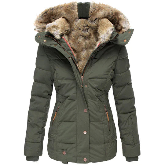 Women's Winter Jacket | Insulating Padded Lining & Faux Fur Hood | Button & Zipper Closure | Warmth and Wind Protection