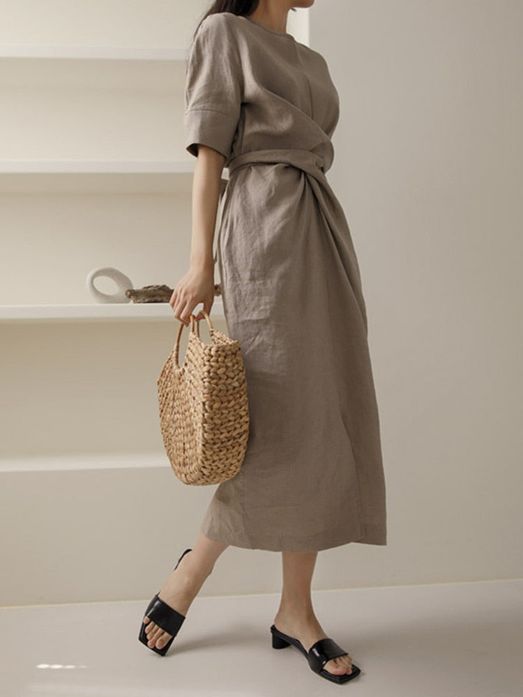 Women's Linen Midi Dress | Front Knot Wrap Design | Soft Cotton Fabric | Comfortable Fit